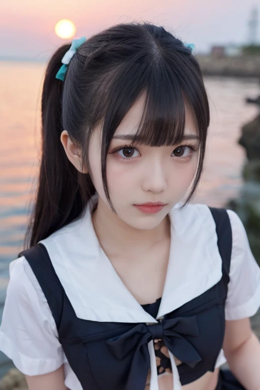 Japanese Women Like Idols  , round face ,bust up , ((masterpiece)),(best quality),official art,highly detailed CG, Unity 8K Wallpaper ,Ultra High Definition,Lighthouse on the cliff、Seaside,1 girl,Alone,前hair,ponytail,schools_uniform,sailor suit,bowtie,plea...