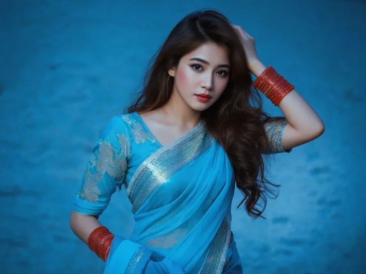 Full body realistic woman, wear  blue light saree lips, long brown hair, red bangles,full body, selfie 