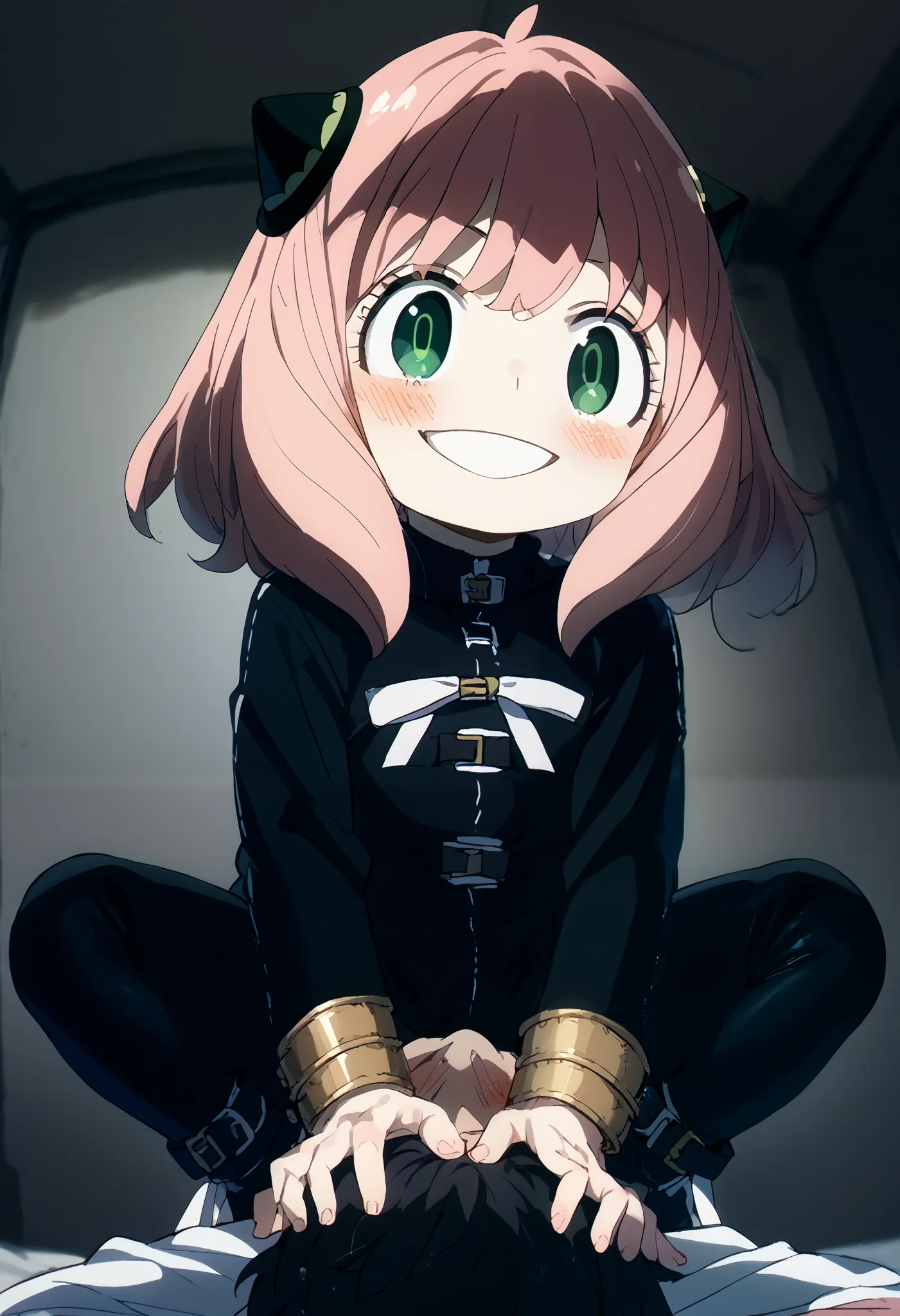 BDSM、Black bondage outfit、black thigh-high boots with open shoulders、Anya Forger、pink hair、green eyes、black and gold hair ornament like a horn、crouching、spread legs、squatting、((( sitting on his face )))、smile、blush:1.2