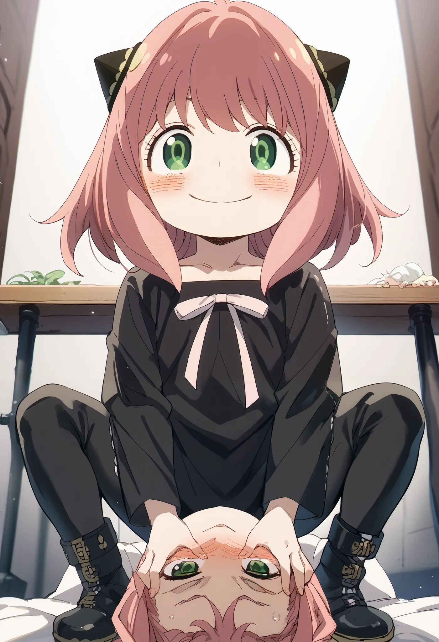 BDSM、 black bondage dress 、black thigh-high boots with open shoulders、Anya Forger、pink hair、green eyes、black and gold hair ornament like a horn、crouching、spread legs、squatting、((( sitting on his face )))、smile、blush:1.2