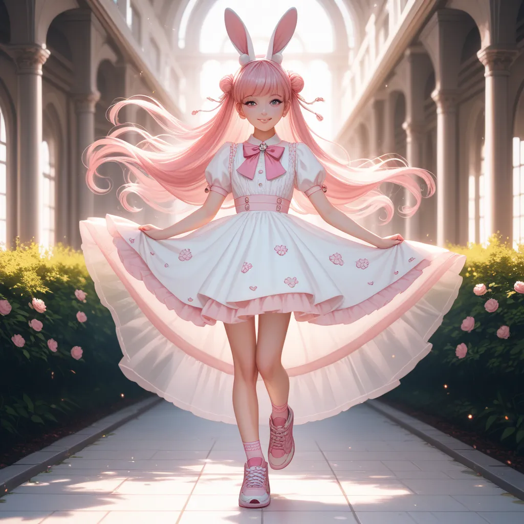 Picture only one female high school student with bunny ears, short socks, pink sneakers, long pink hair, and beautiful legs in the picture because she is Korean and has a clean face.