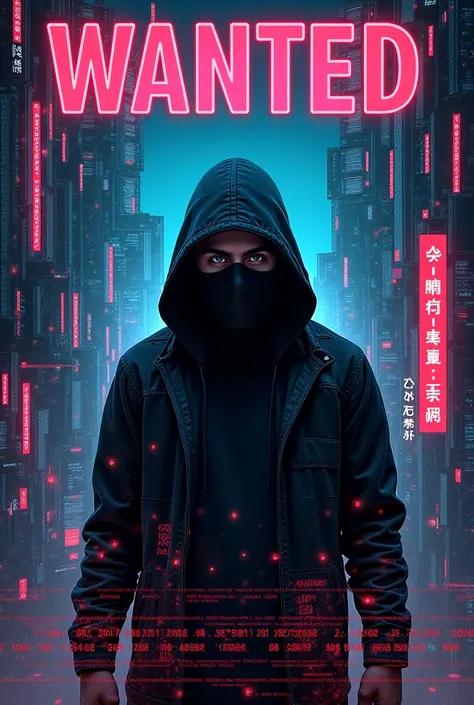 I want a wanted picture of a wated hackerof a hacker in cyberpunk and you write wanted IEEE in it and write again in japenese but with a smaller charecter