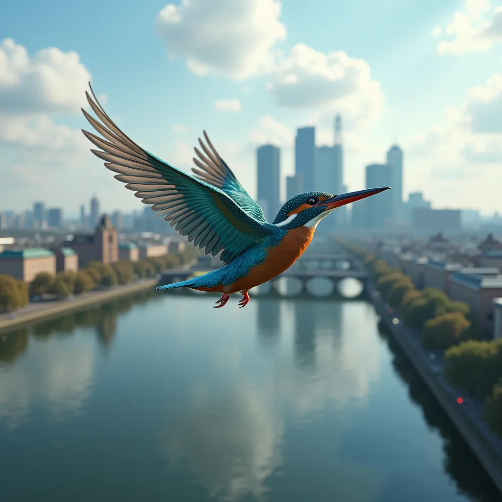 Photo of a Kingfisher bird flying over the city of Frankfurt / Germany. The river Main is visible below. Ultra realistic. HDR. 8K. Canon 80mm lens. Art station.