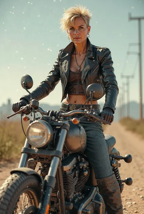 Middle aged woman with very short blond hair and strong arms in rocker outfit barefoot on a motorcycle 