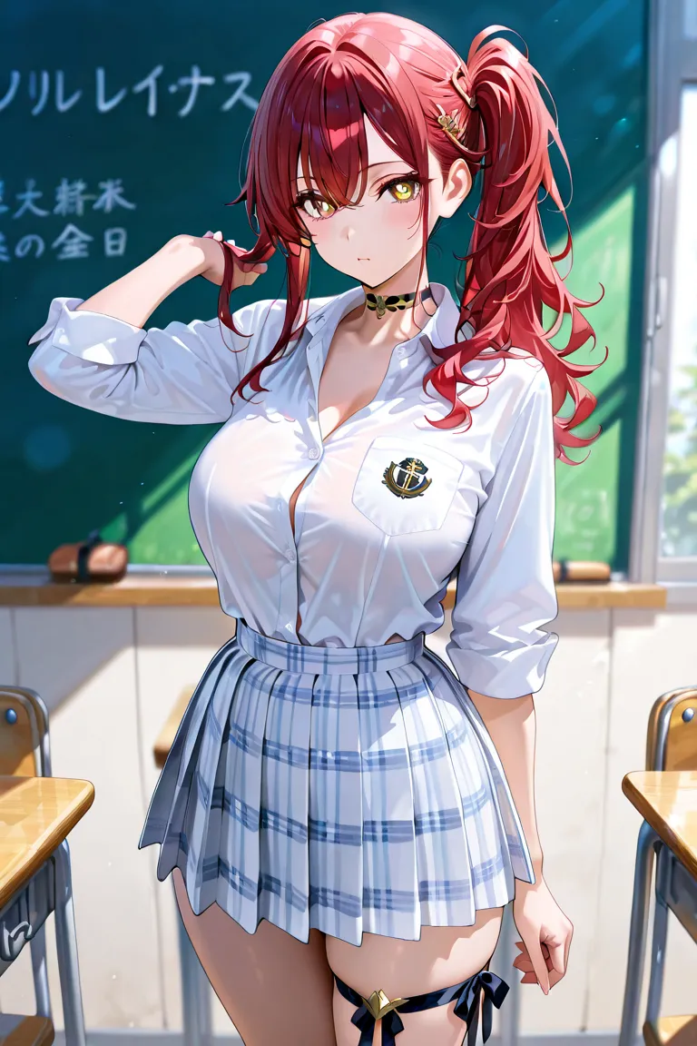 MASTERPIECE, BEST QUALITY, ULTRA DETAILED, HIGH DEFINITION, ILLUSTRATION, HYPER DETAILED, ALONE, 1girl, slender, medium-large breasts, brunette, yellow eyes, black pupils, red hair, long hair, partial ponytail, side ponytail, white shirt, dress shirt, neck...