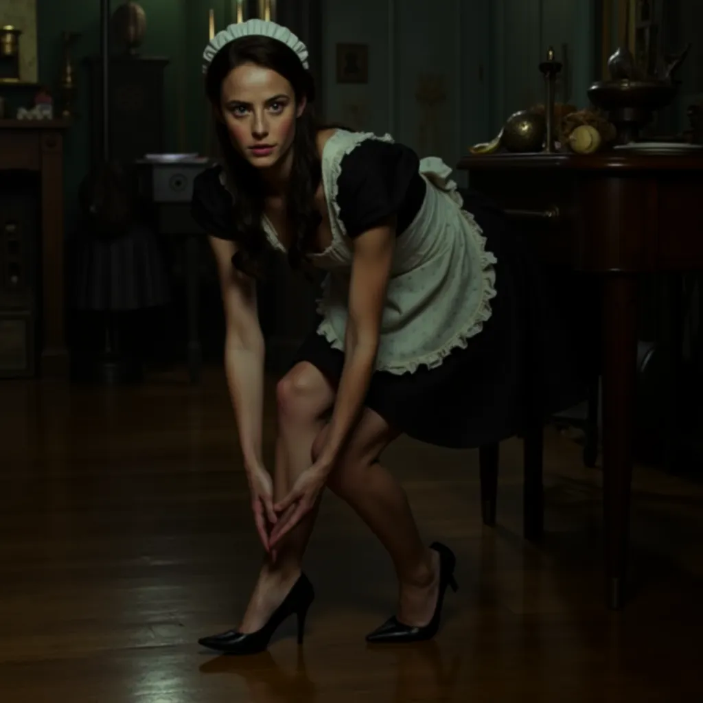 Kaya scodelario. wearing Short maid costume.high heels.sitting and cleaning  floor.
