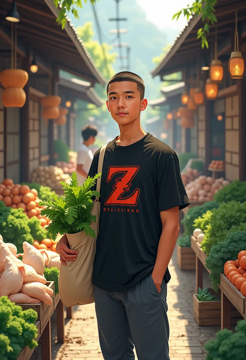  A 20 year old Japanese man with buzzcut hair , wears black tshirt with dragonballz image,wears green cargo pants, is in a standing pose holding a placid bag filled with kale spinach lettuce,atmosphere in traditional market chicken meat vendor, eggs and gr...