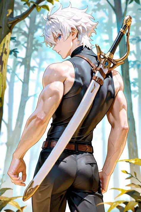 BEST QUALITY, ULTRA DETAILED, PERFECT ANATOMY, HIGH DEFINITION, INTRICATE DETAILS, ALONE, 1boy, toned, thin, platinum white hair, short unruly hair, blue eyes, black pants, brown belt, black turtleneck shirt, sleeveless. From behind, turning to viewer, swo...