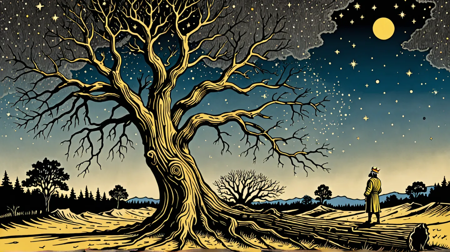 Create a rustic woodcut style image digital art surreal, using only black, beige, and yellow colors.

Put A a number 7 in the sky. King Nebuchadnezzar sees a large fallen tree being uprooted from the ground. Under a beatiful night sky