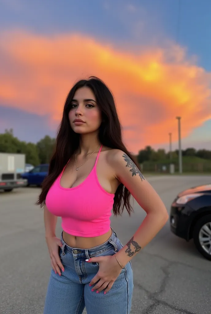 The image shows a young woman with long dark hair and tattoos on her arms and legs. She is standing in a parking lot with a blue sky and orange clouds in the background. The woman is wearing a pink tank top and baggy jeans, and her body is turned to the si...