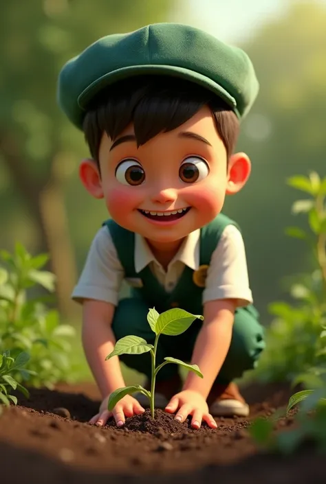 Happy boy in dark green uniform wearing white shirt planting a plant,  Pixar style