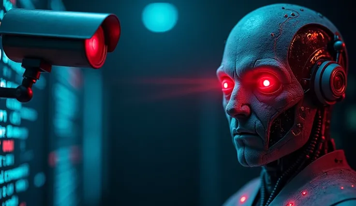 "A scary artificial intelligence with bright red eyes, half humanoid and half robot, with a dark and technological background full of codes and surveillance screens. next to, a futuristic security camera with a blinking red lens. The lighting should create...