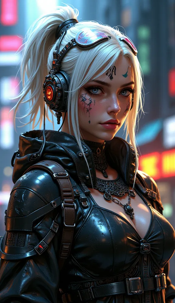 Cyberpunk female, platinum blonde hair, futuristic hairstyle, face tattoo, ornate headphones, gas mask accessories, neon accents, vibrant makeup, stylized 3D render, hyper-detailed, cinematic lighting, shallow depth of field, high-tech fashion, sci-fi atmo...