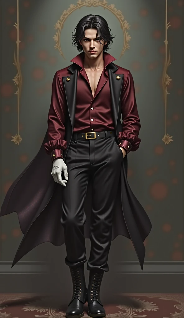 22 year old guy,  black hair,  white gloves, burgundy silk shirt, black pants, boots,  aristocratic facial features, shoulder length hair