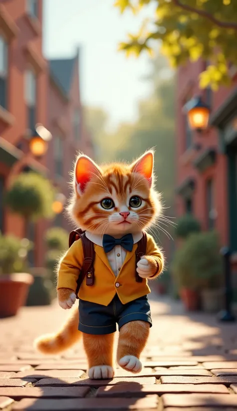 kitten (kitten cat orange, cute, dressed school uniform) walk down the street