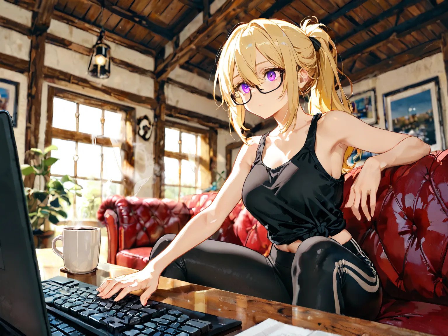 "A woman with long blonde hair, hair inbetween eyes, tied in a ponytail, purple eyes, sits on a leather couch in an industrial-style living room. She wears a black tank top and black leggings, her fingers moving purposefully over the keyboard of her glowin...