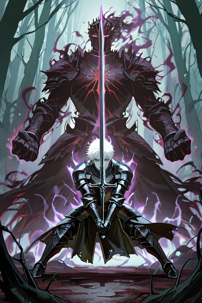 1boy, male, knight, black armor, holding a great-sword, great-sword pointed down at the ground, standing, shadowy aura, dynamic pose, raised sword towards viewer, other hand clenching his fist, battle ready, dark gloomy forest. no helmet, pale skin, ethere...