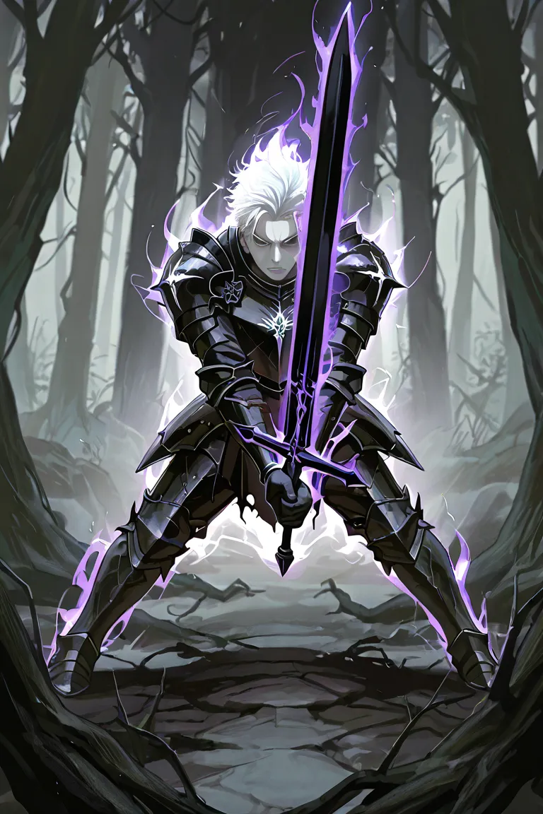 1boy, male, knight, black armor, holding a great-sword, great-sword pointed down at the ground, standing, shadowy aura, dynamic pose, raised sword towards viewer, other hand clenching his fist, battle ready, dark gloomy forest. no helmet, pale skin, ethere...