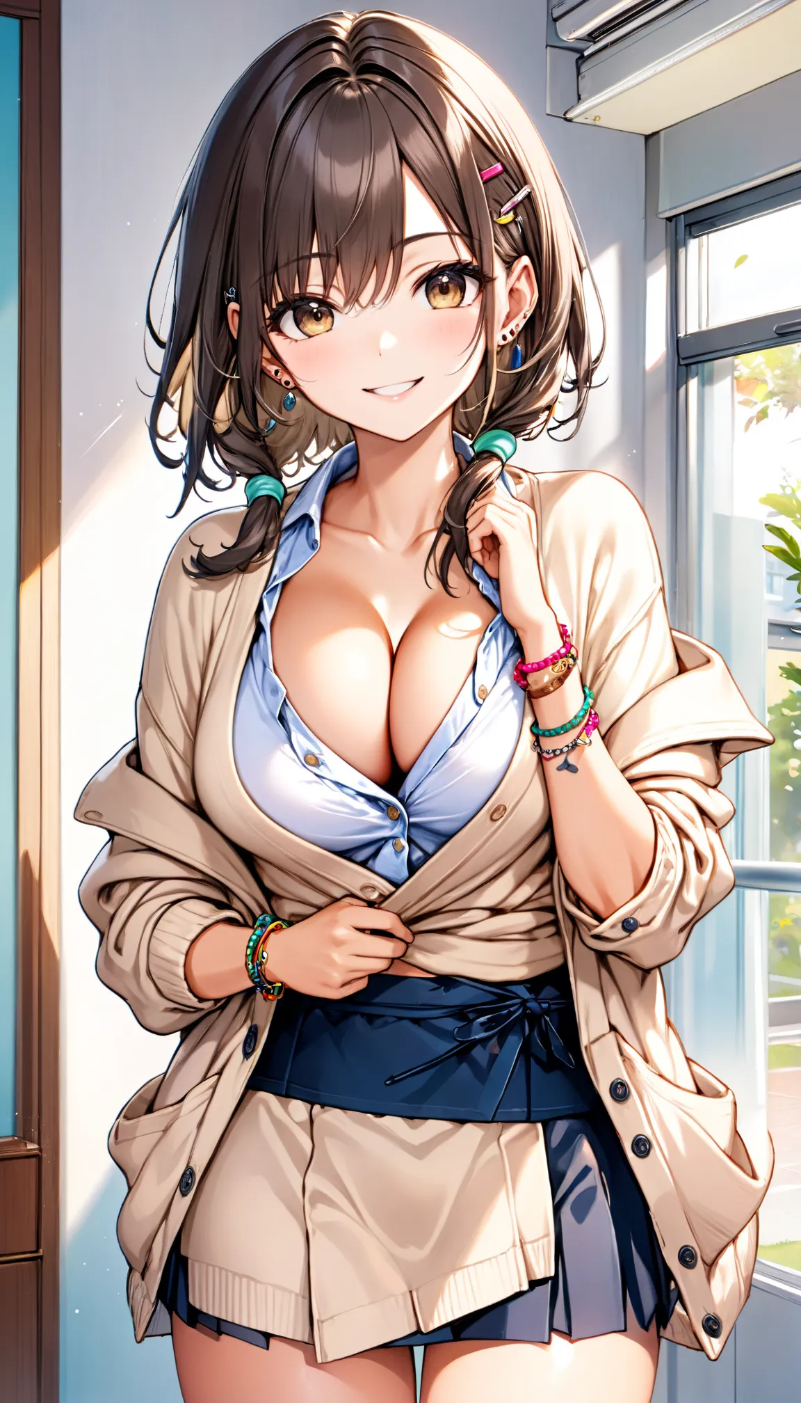 beautiful skin,  healthy tan skin , 
high school girl,  alone, 
Attractive aspects, 
open shirt,  (wrap a beige cardigan around your waist:1.3), (cleavage, unbuttoned:1.2)⁩, (white loose socks:1.1), (piercing, bracelet, hair clips)
Mature and Adorable Char...