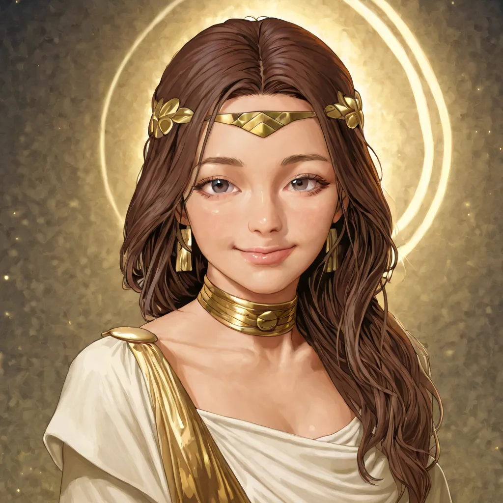 1 woman, Short shoulder length wavy brown hair, white and gold long sleeve dress from ancient Greece, glossy lips, mature female, mature body and face, smiling, close to the viewer 