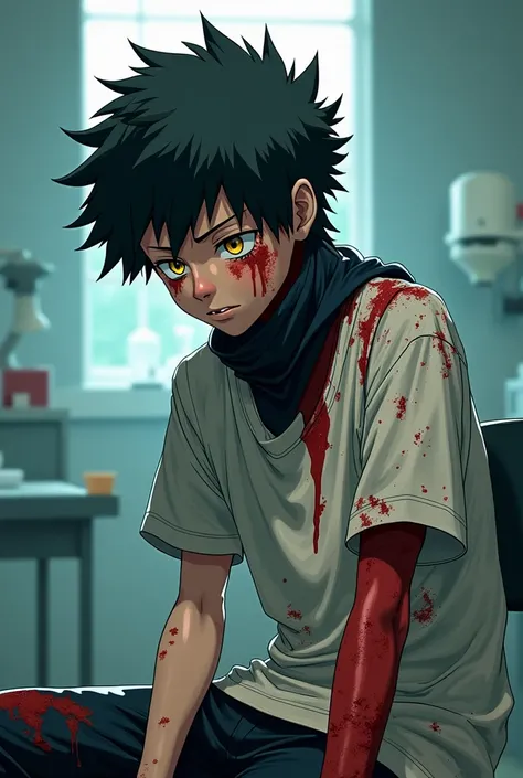 A boy with a bird head in My hero academia style art that is crying slightly his arms and legs have bandeges and hes in a lab being experimented on he wearing a over suzed top covered in his own blood he looks traumatized and his bird head is like a crow h...