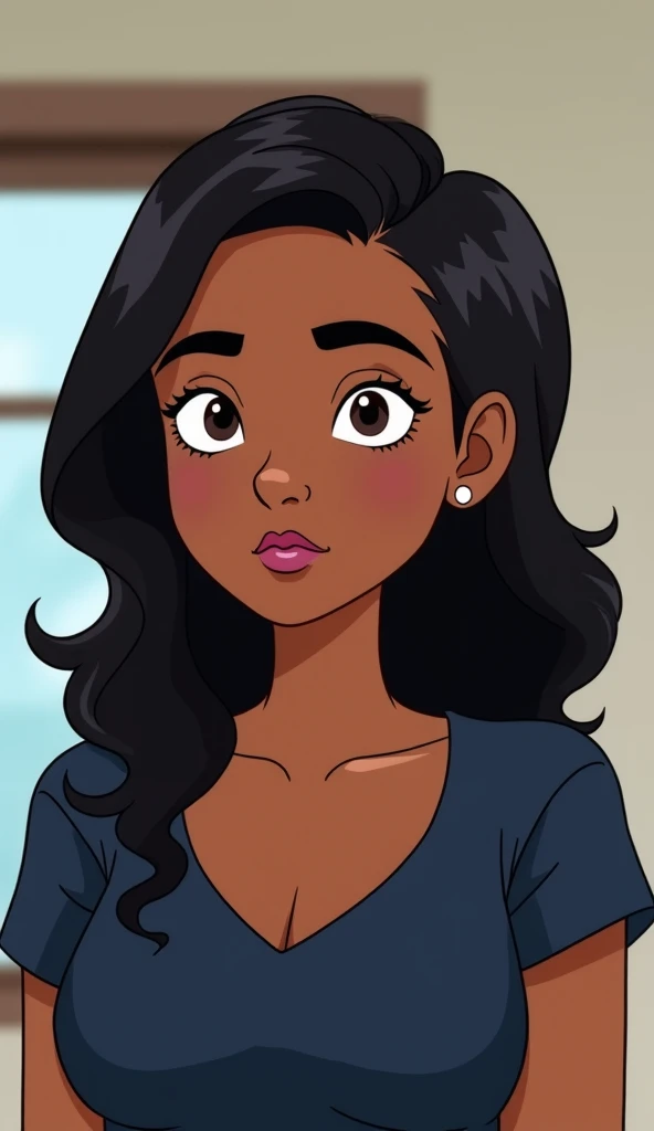  cartoon,  A young woman with brown skin , dark, wavy hair that falls over her shoulders. She is wearing a navy blue V-neck t-shirt.   your expression is neutral , almost serious .  The lighting in the photo appears to be natural or artificial soft,  witho...