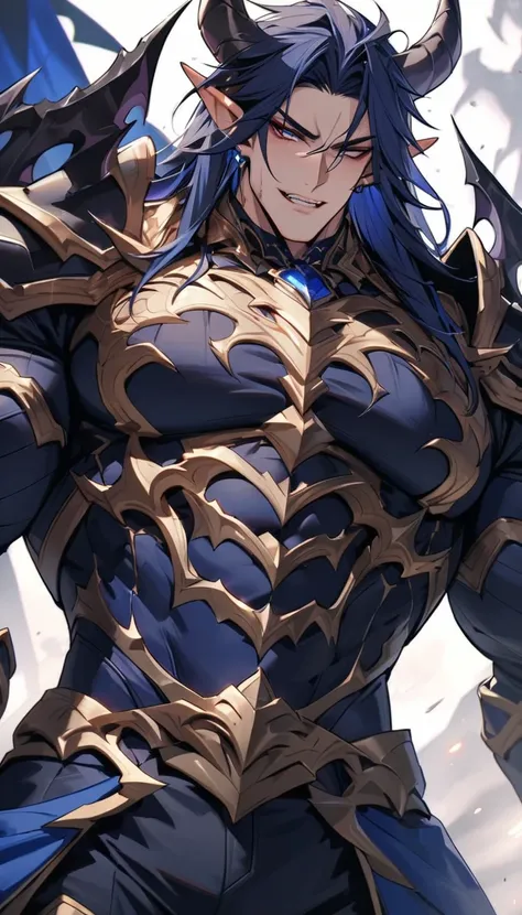 (ultra high quality) (best quality) (beautiful face) a male elf demon with wild long dark blue hair and demon horns and big muscles wearing noble fantasy armor