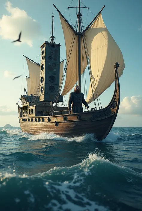 Floki riding his Viking boat with a big sound system into the frequency