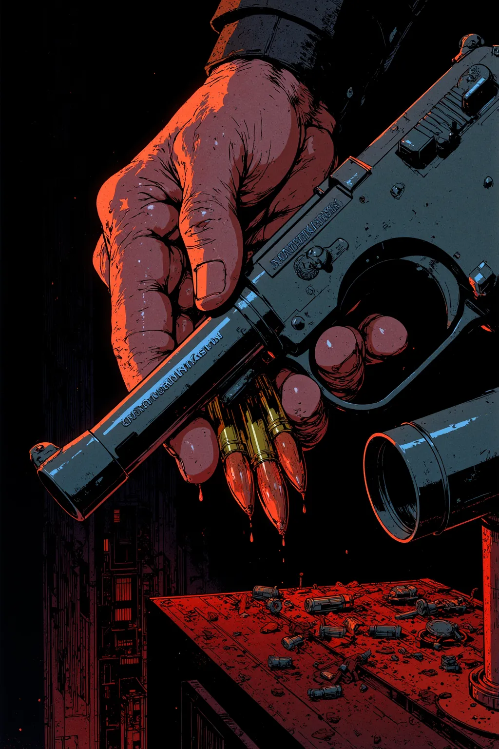  masterpiece, 8K cinematic comic style by Milo Manara, Close-up in the hand holding the bullet.
💡  lighting: low, focused on ammunition.
🔫  Description : The calloused fingers slide the last bullet into the Remington drum. A drop of sweat drips down the wr...