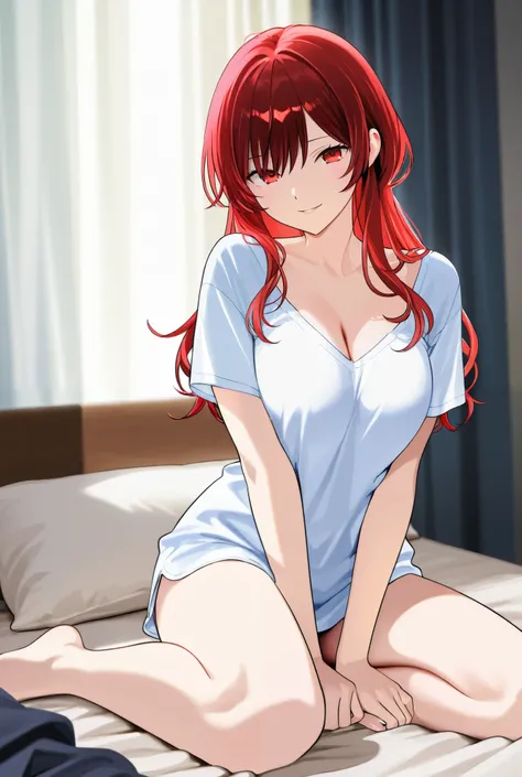 1girl, red haired, red eyes, seductive smile, bedroom, lifting shirt