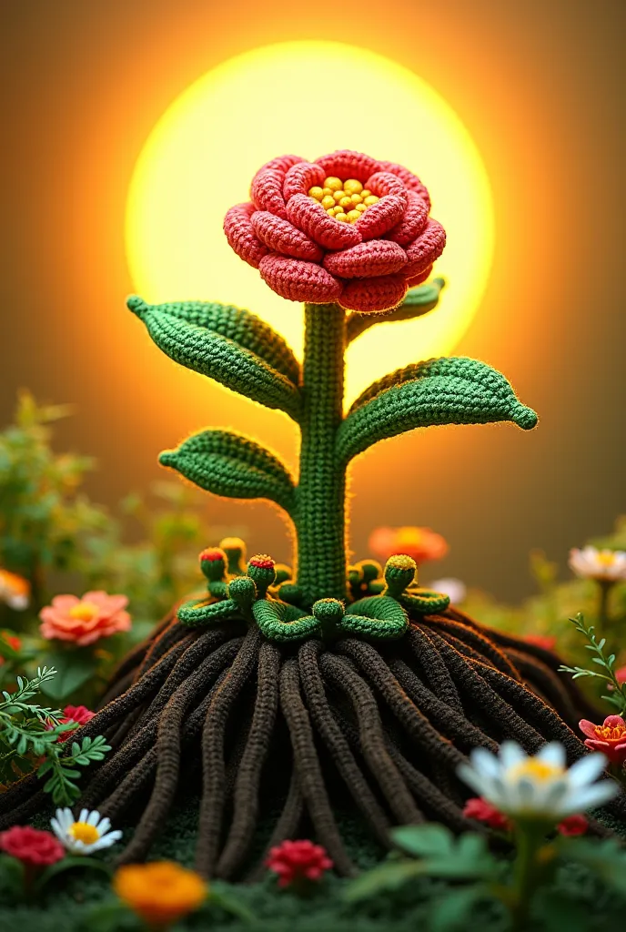 A crochet figure of a plant growing, with strong roots and flowers that represent growth and abundance, surrounded by a bright sun that symbolizes hope.

