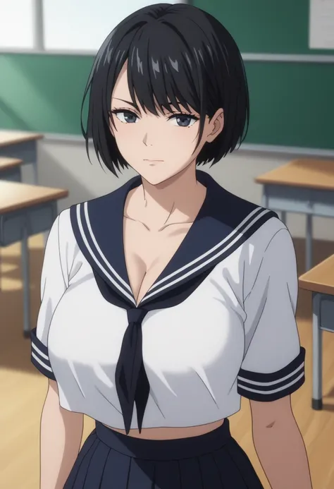 sailor suit、Big Breasts、schools、classroom、 black hair、short hair、My chest is loose from my clothes