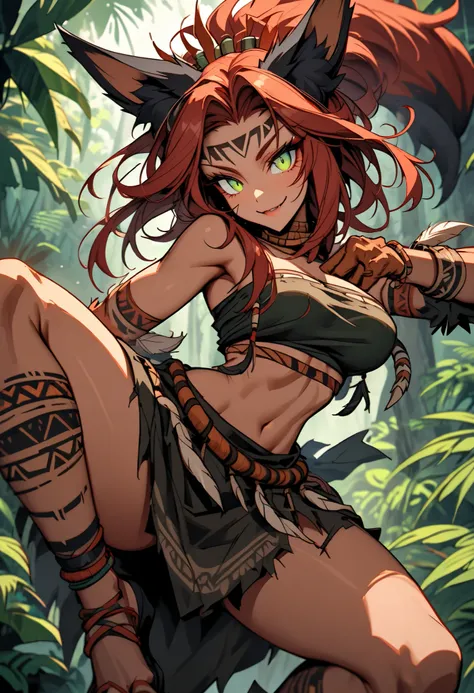 solo, female, close up, fox ears, black ears, reddish hair, green eyes, savage, furred claws, monster girl, fox girl, makeshift worn clothes, tube top, skirt, feather ornaments, looking at viewer, jungle, smile, beautiful, savage, curvy, action pose,  POV,...