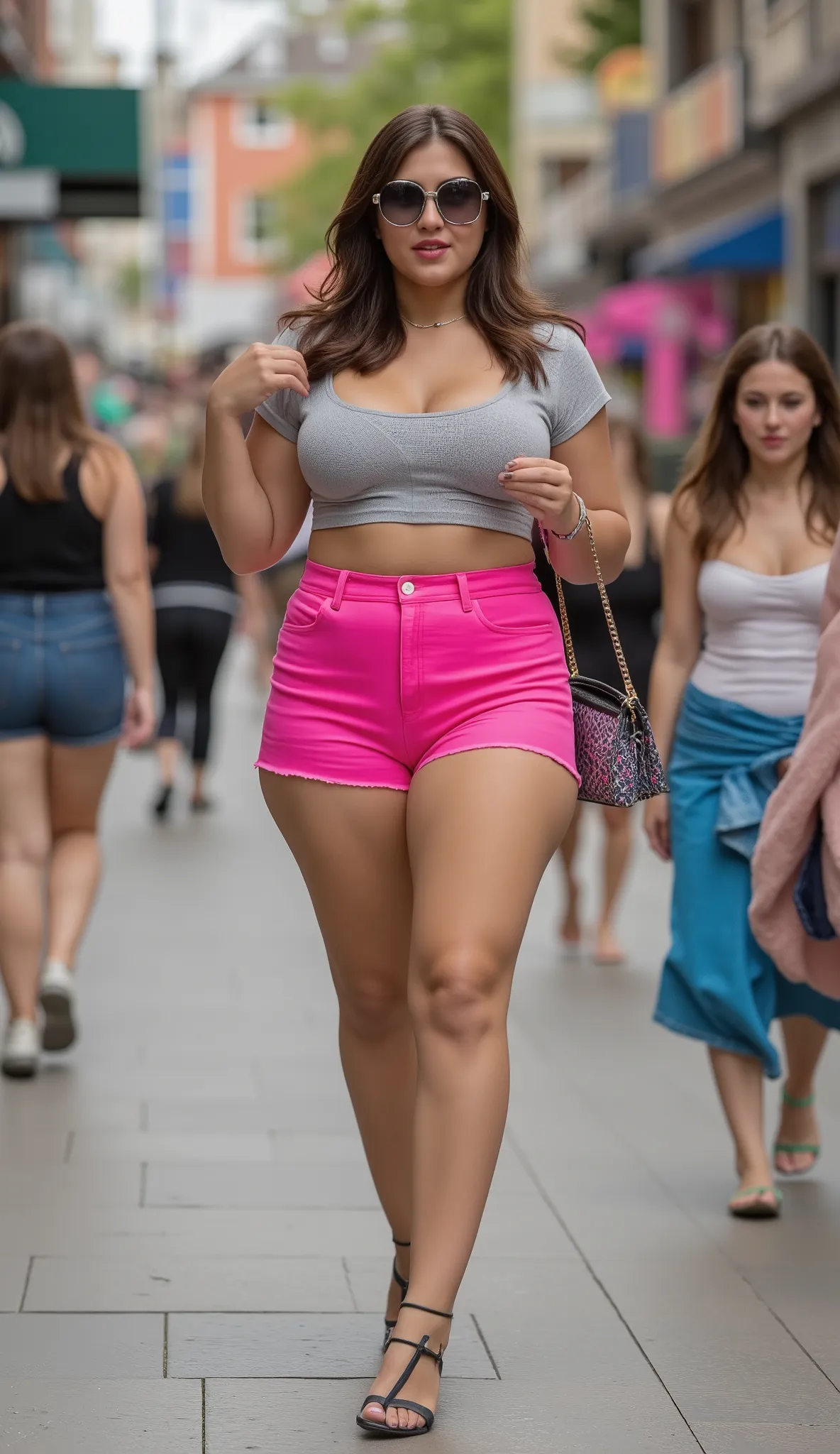 Realistic photo of a young woman walking around town. She is wearing hot pans jeans and a tummy croptp. She also wears a purse and sunglasses. She is curvy and has big hips. 