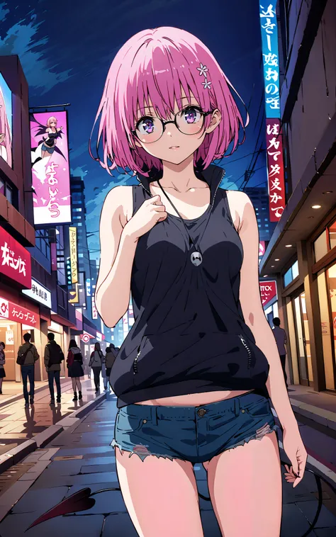 モモデbuildingケ, モモ・デbuildingーク, demon Tail,  Hair Flower, hair ornaments close to the garden, purple eyes, pink hair,  short hair, Medium breast,胸の谷間,Tail,riders jacket,tank top outside of anime,Underbomb,belly button sticking,Bare legs,denim micro shorts,gl...