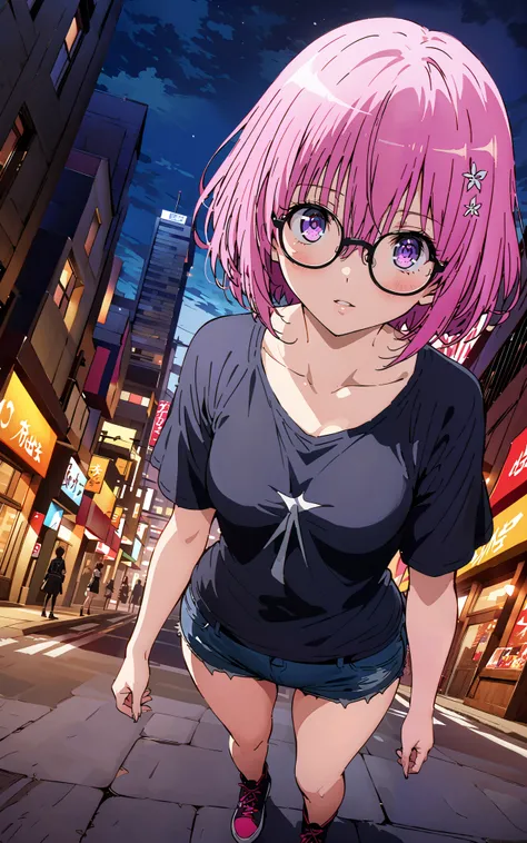 モモデbuildingケ, モモ・デbuildingーク, demon Tail,  Hair Flower, hair ornaments close to the garden, purple eyes, pink hair,  short hair, Medium breast,胸の谷間,Tail,riders jacket,tank top outside of anime,Underbomb,belly button sticking,Bare legs,denim micro shorts,gl...