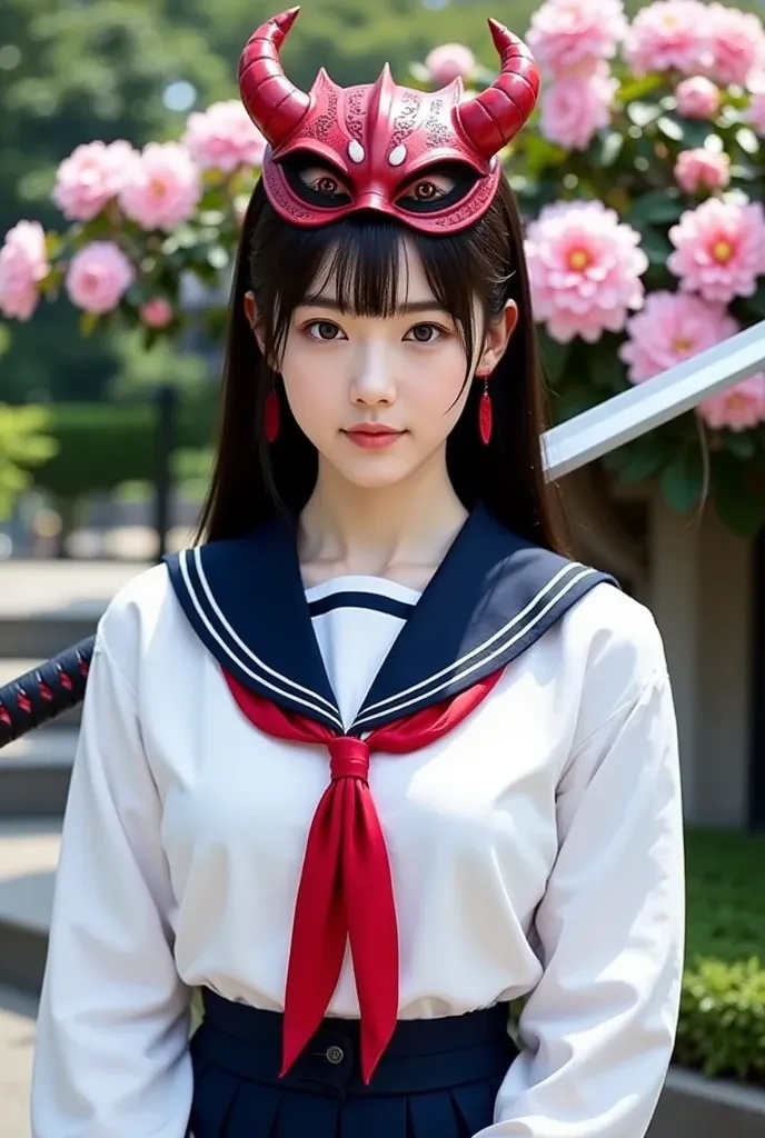 剖学的に  accurate手 , wearing a red demon mask on her head、wearing a white long-sleeved sailor suit with a red ribbon and dark blue skirt, A woman carrying a long Japanese sword on her shoulder and ,  black hair.  dark eyes, 肩まで伸びる black hair , 1 girl,  cinema...