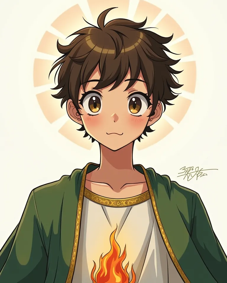 
Create a manga style drawing of Saint Jude Thaddeus. a young man with soft but expressive features, with big and bright eyes typical of the manga style. with short and messy hair,  of dark brown color , With some strands falling over his forehead. wears a...