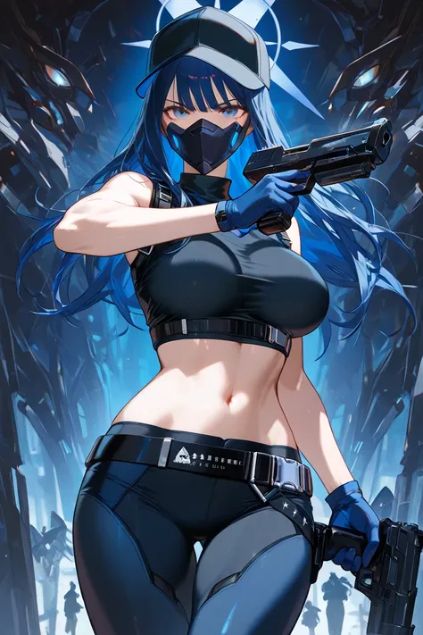 saorijoumae, saori joumae, blue eyes, blue hair, halo, long hair, mask, mouth mask,
BREAK bare arms, bare shoulders, belt,large breasts, black headwear, black pants, black shirt, blue gloves, crop top, gloves, leggings, midriff, navel, pants, shirt, sleeve...