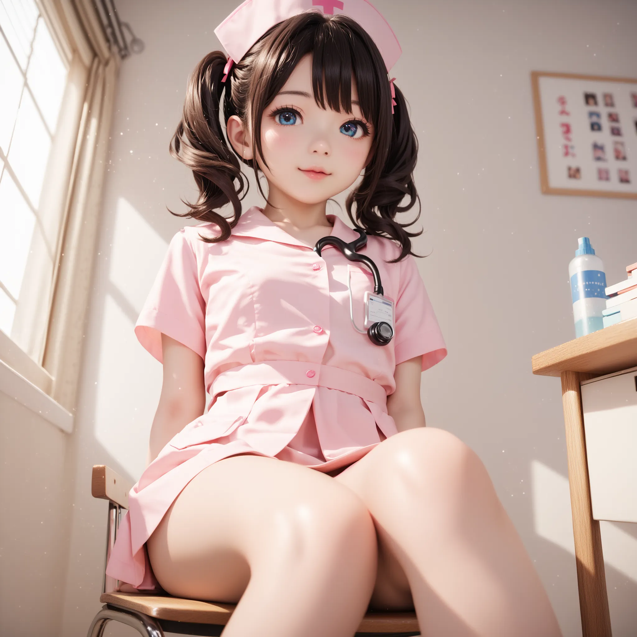 nurse clothes, college student ,younger,cute girl,masterpiece,Narrow shoulders, white skin,Thin arms,thin, is very thin ,Short height 130cm , Read more,SMALLE BREASTS,thin thighs below eyes,is sitting,診察室の椅子にis sitting, I'm hanging my stethoscope from my n...