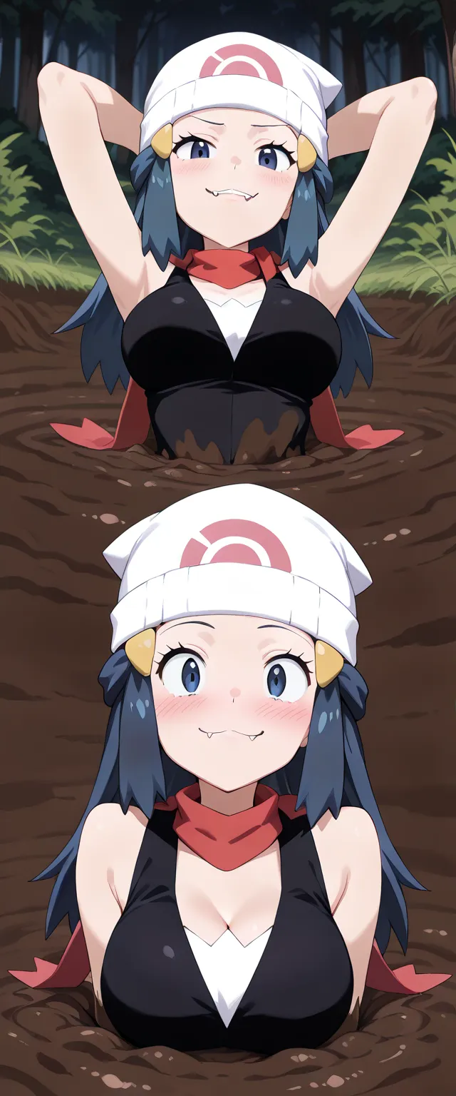 ((masterpiece, best quality, ultra-detailed, best illustration, best shadow, absurdres, detailed background, very aesthetic:1.2)), 1girl, solo, ((dawn (pokemon), dark blue eyes, navy blue hair, sidelocks, fangs, hair ornament, hairclip, long hair, beanie, ...