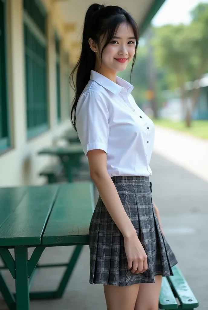 Real photos High-quality Realistic of thai woman, Beautiful girl (((large breast , big breast , nsfw))) , Best Quality, 20 years old thai girl in a school uniform astanding near a green metal table,  She is wearing a white shirt(((large breast , big breast...