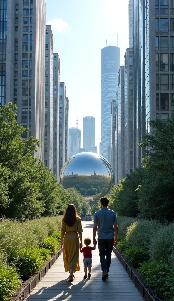 concrete pile city view, surrounded by tall glass skyscrapers and urban structures. In the foreground, a mother , emphasizes the transition from city to nature in a smooth and expressive way {x} a family of father and young  holding hands walks on a path w...