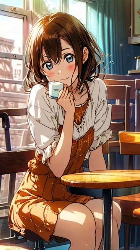 Girl sitting in cafe、Drinking tea、Cute Mugs、Brown Shorthair、 cute clothes、 sunshine