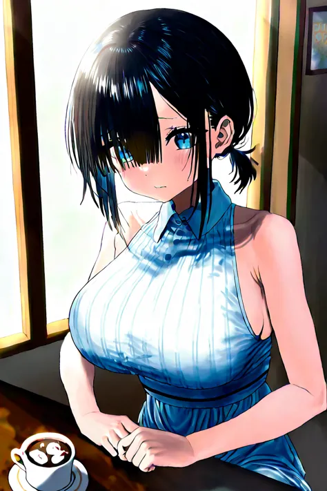 black haired short ponytail girl、cute、 long bangs、 blue eyes、 slim、 shy girl 、big breasts、 White Sleeveless Dress、a girl waiting for someone at a cozy cafe in the middle of the day。 Sit by the window、Looking out with a pensive expression。 hot chocolate is ...