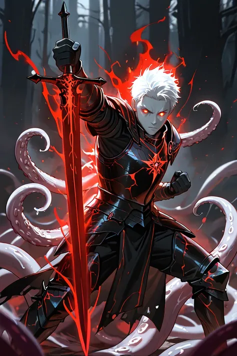 1boy, male, knight, black armor, hybrid, multiple tentacles sprouting from his back, (white tentacles), holding a great-sword, gret-sword pointed down at the ground, standing, red glowing eyes, shadowy aura, no helmet, pale skin, ethereal like, short white...