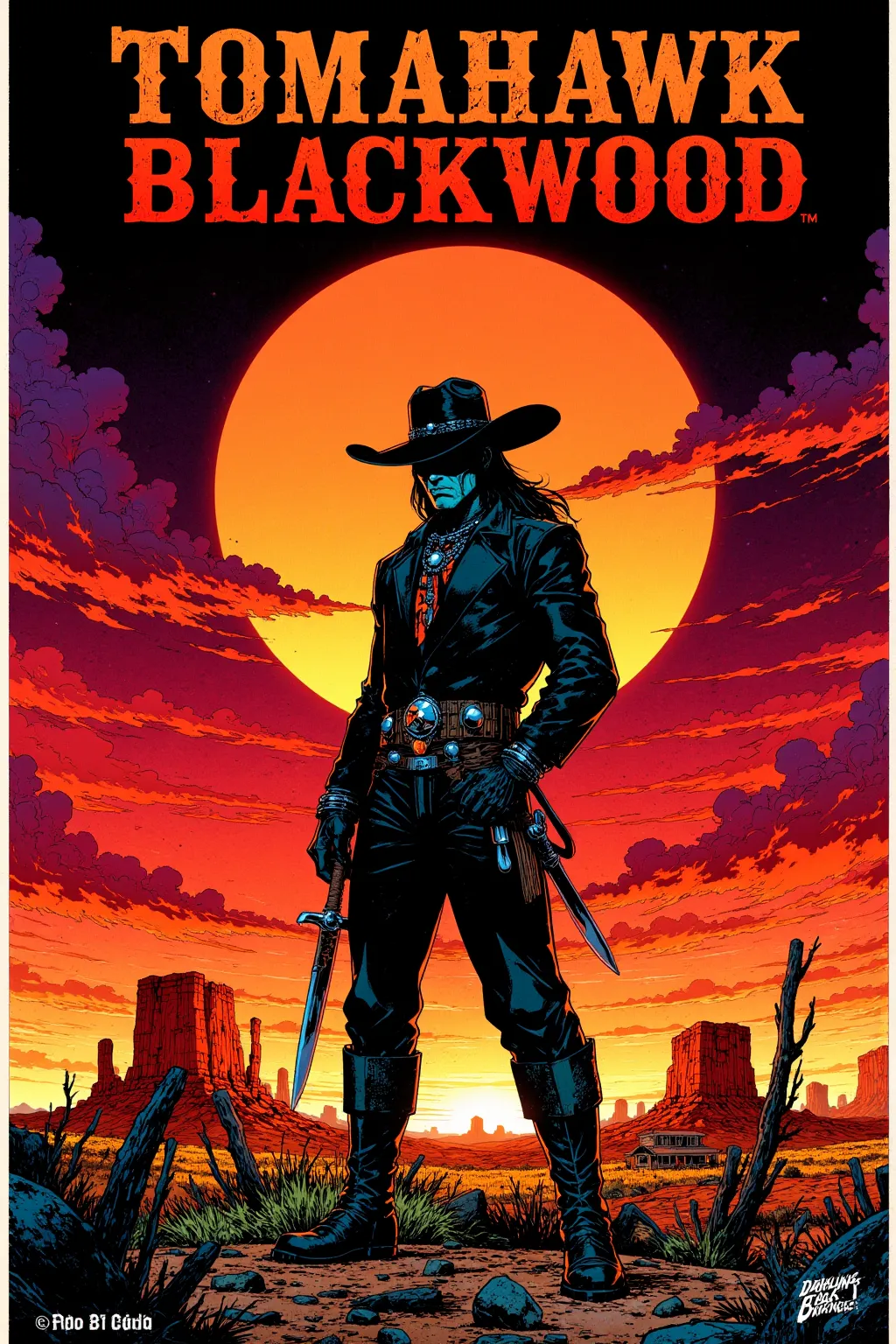  masterpiece, 8K cinematic comic style by Milo Manara, "Create a cover of Blueberry-style western with the silhouette of Tomahawk Blackwood against a dramatic sunset. Use Giraud's characteristic detailed line and rich colors. The protagonist appears as par...