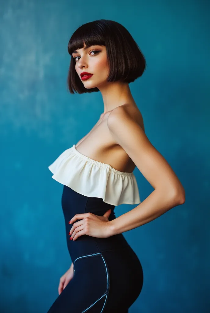 FictionalAnne, blunt bangs short bob cut, red lips, brown eyes In a strapless dancer outfit. In a white ruffle off the shoulder top, a dark blue tight jumpsuit with a blue wavy line, and a sexy smile, no grin, bare shoulders, one hand on hip, arm down, loo...