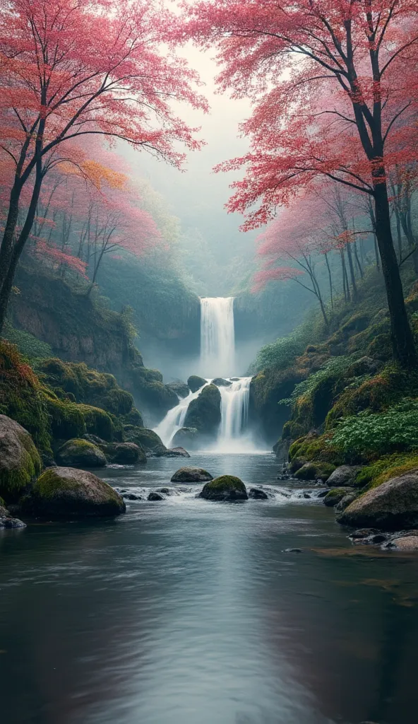   以 HD图像呈现、,(非常にDetailedなCGユニティ8K壁紙),epic river images in high-definition images ,  Autumn leaves in the forest , Small Waterfall, Thick fog , Award-winning photo ,  Chromatic Aberration,  Detailed ,  HD, pink flowers blooming, many&#39;style, Detailed flo...