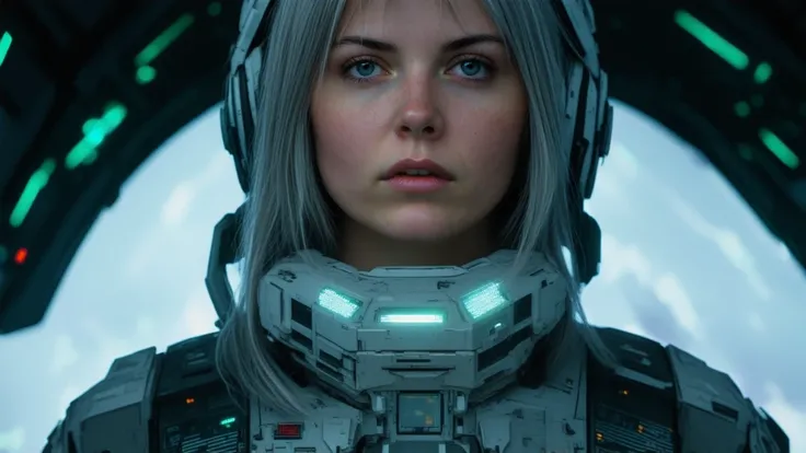 Close-up, female commander (5’8”, gray hair, gray uniform with insignia), steely eyes on glowing screen with static, control room, green lights. Ten sleek gray spaceships (150 ft long) launch into starry black space, engines glowing white, intense